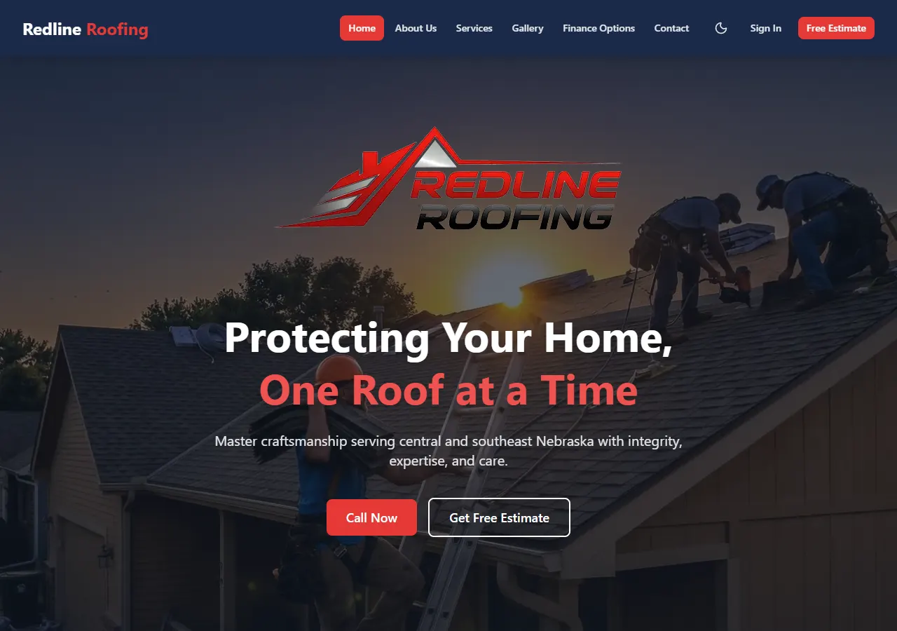 Home page of Redline Roofing at redlineroofing.org